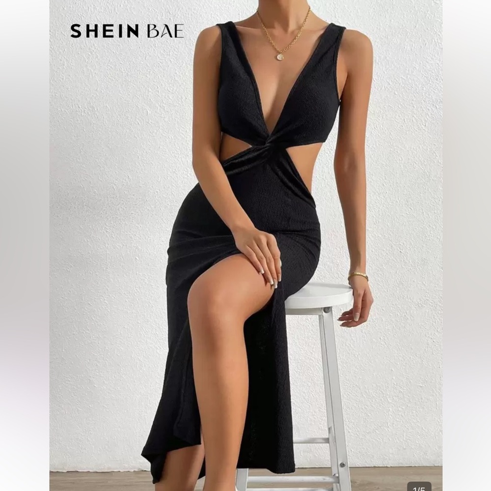 SHEIN Black Cutout Twist Maxi Dress with Thigh Slit